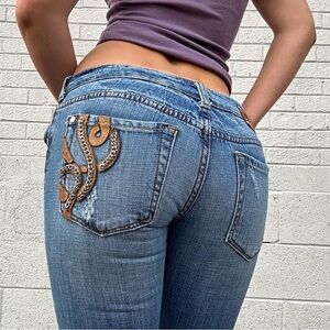 Miss Me Authentic Y2K Leather Chain Low Rise Bootcut Jeans 27 30” Inseam